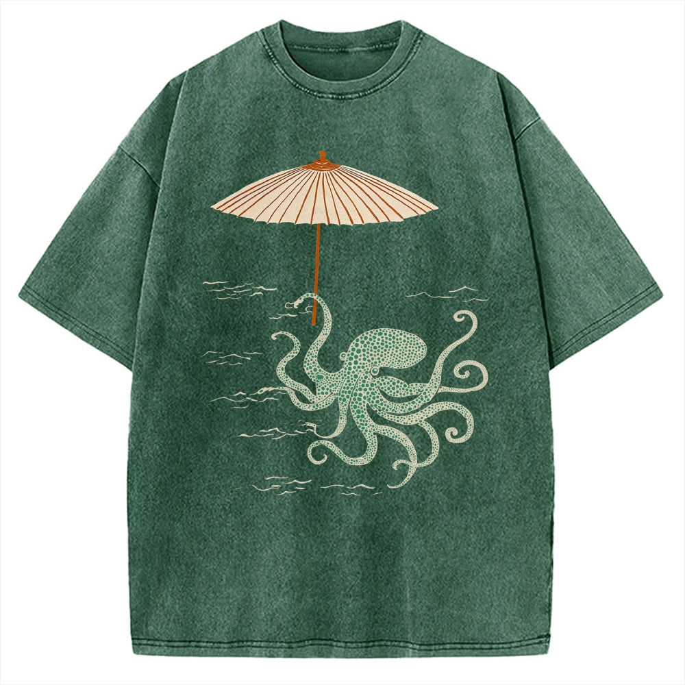 Unisex Retro Octopus Japanese Art Printed Washed Tee