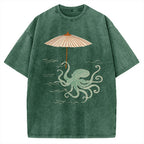 Unisex Retro Octopus Japanese Art Printed Washed Tee