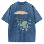Unisex Retro Octopus Japanese Art Printed Washed Tee