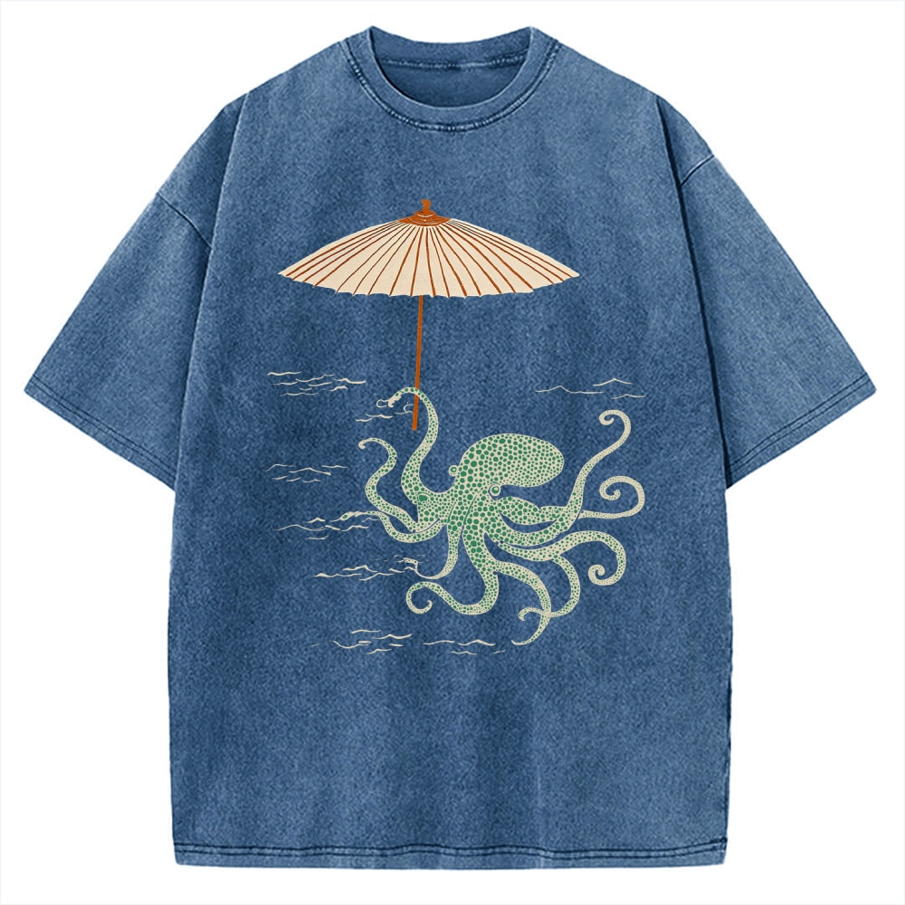 Unisex Retro Octopus Japanese Art Printed Washed Tee
