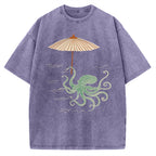 Unisex Retro Octopus Japanese Art Printed Washed Tee