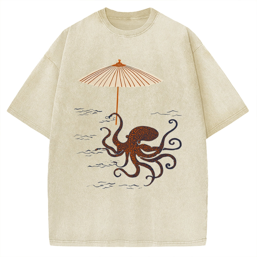 Unisex Retro Octopus Japanese Art Printed Washed Tee