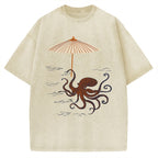 Unisex Retro Octopus Japanese Art Printed Washed Tee
