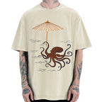 Unisex Retro Octopus Japanese Art Printed Washed Tee