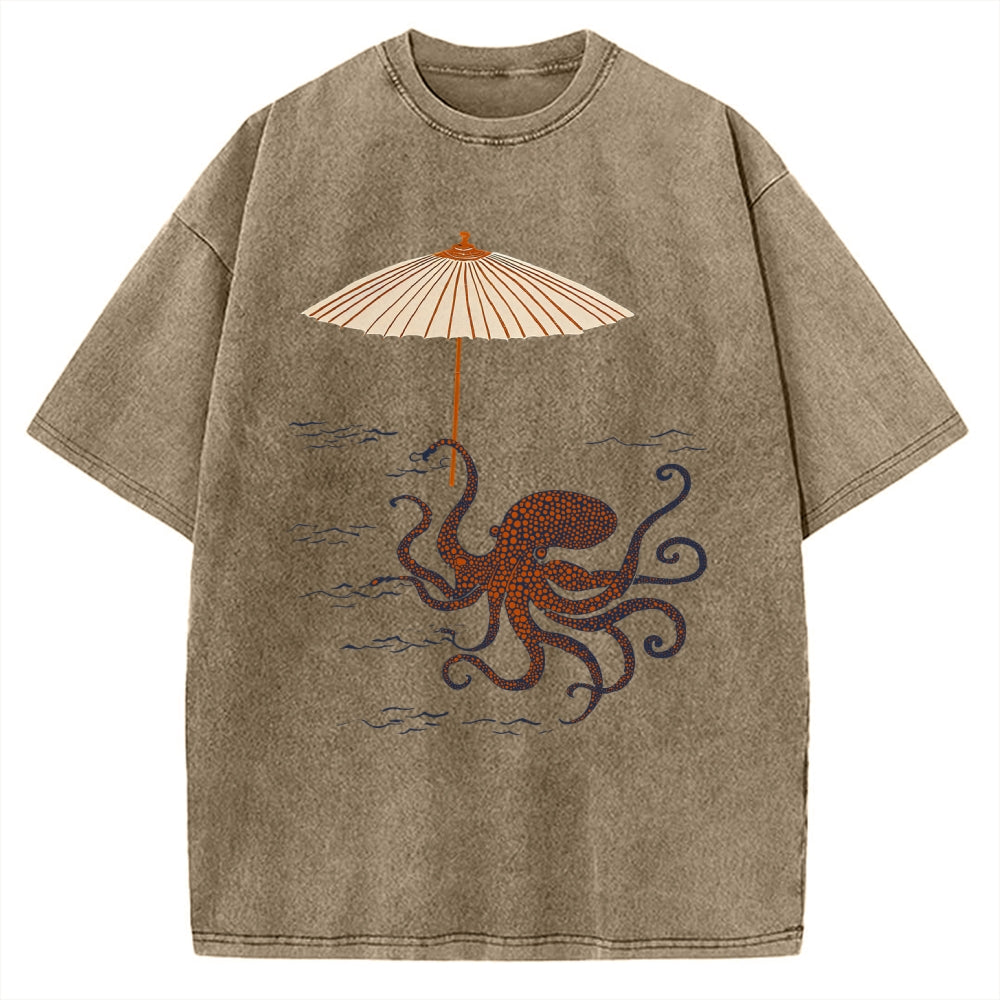 Unisex Retro Octopus Japanese Art Printed Washed Tee