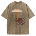 Unisex Retro Octopus Japanese Art Printed Washed Tee