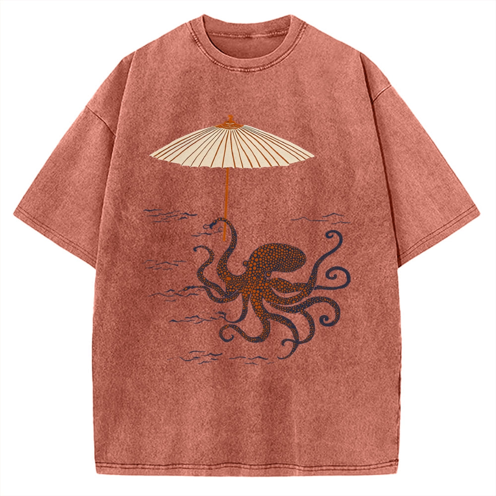 Unisex Retro Octopus Japanese Art Printed Washed Tee
