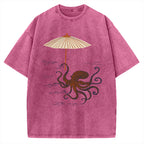 Unisex Retro Octopus Japanese Art Printed Washed Tee