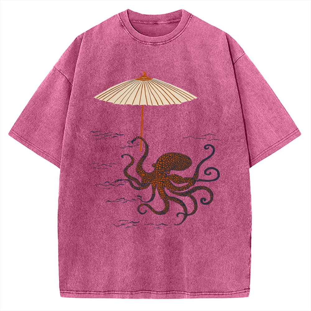 Unisex Retro Octopus Japanese Art Printed Washed Tee
