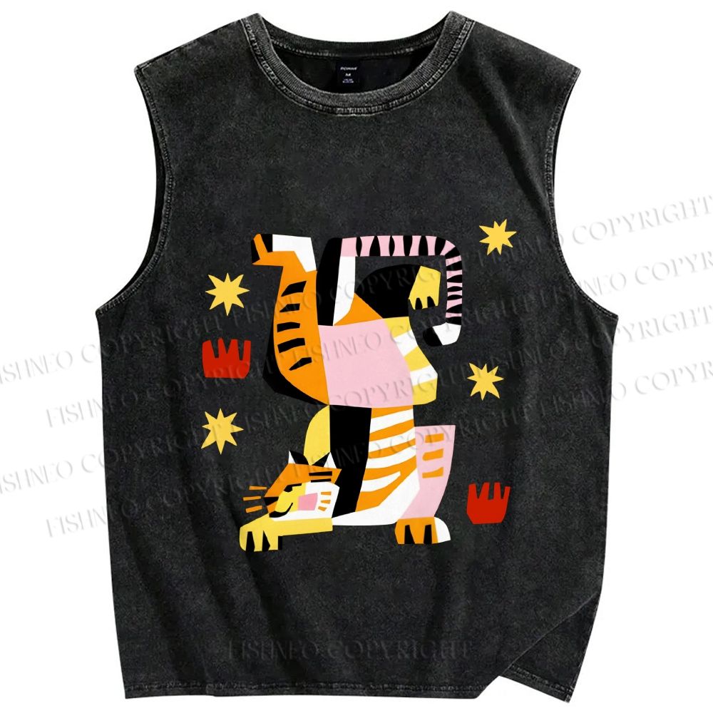Unisex Geometric Tiger Printed Washed Tank Top