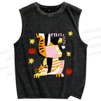 Unisex Geometric Tiger Printed Washed Tank Top