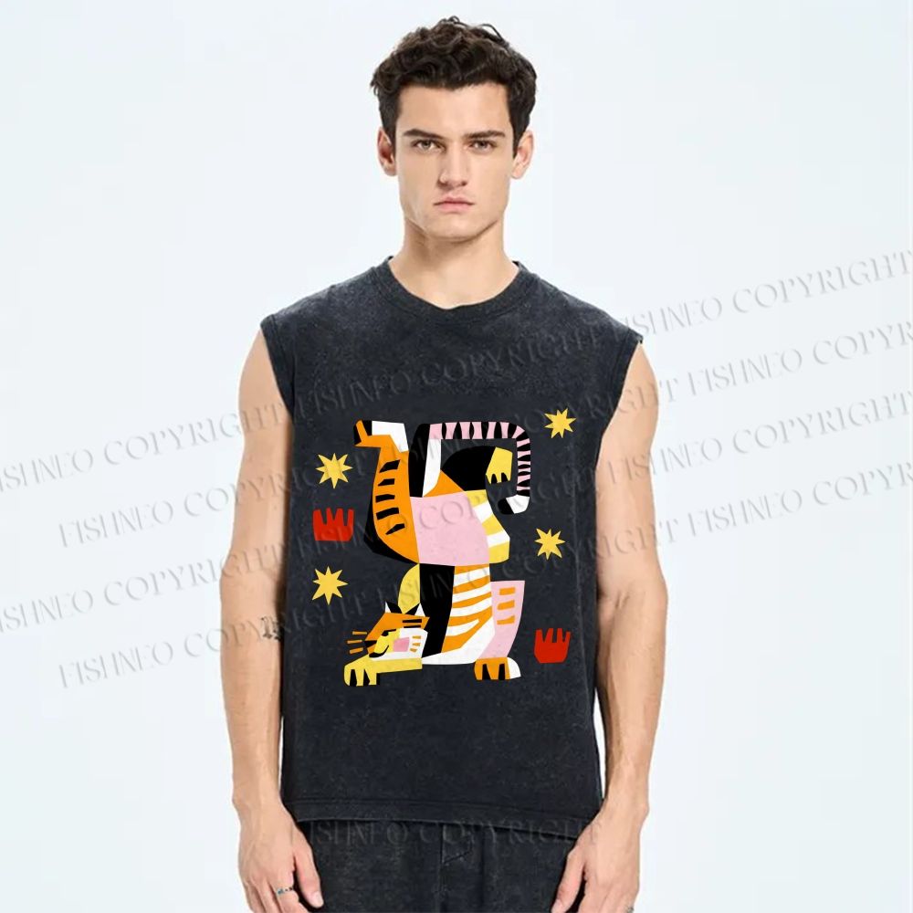 Unisex Geometric Tiger Printed Washed Tank Top