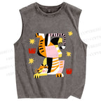 Unisex Geometric Tiger Printed Washed Tank Top