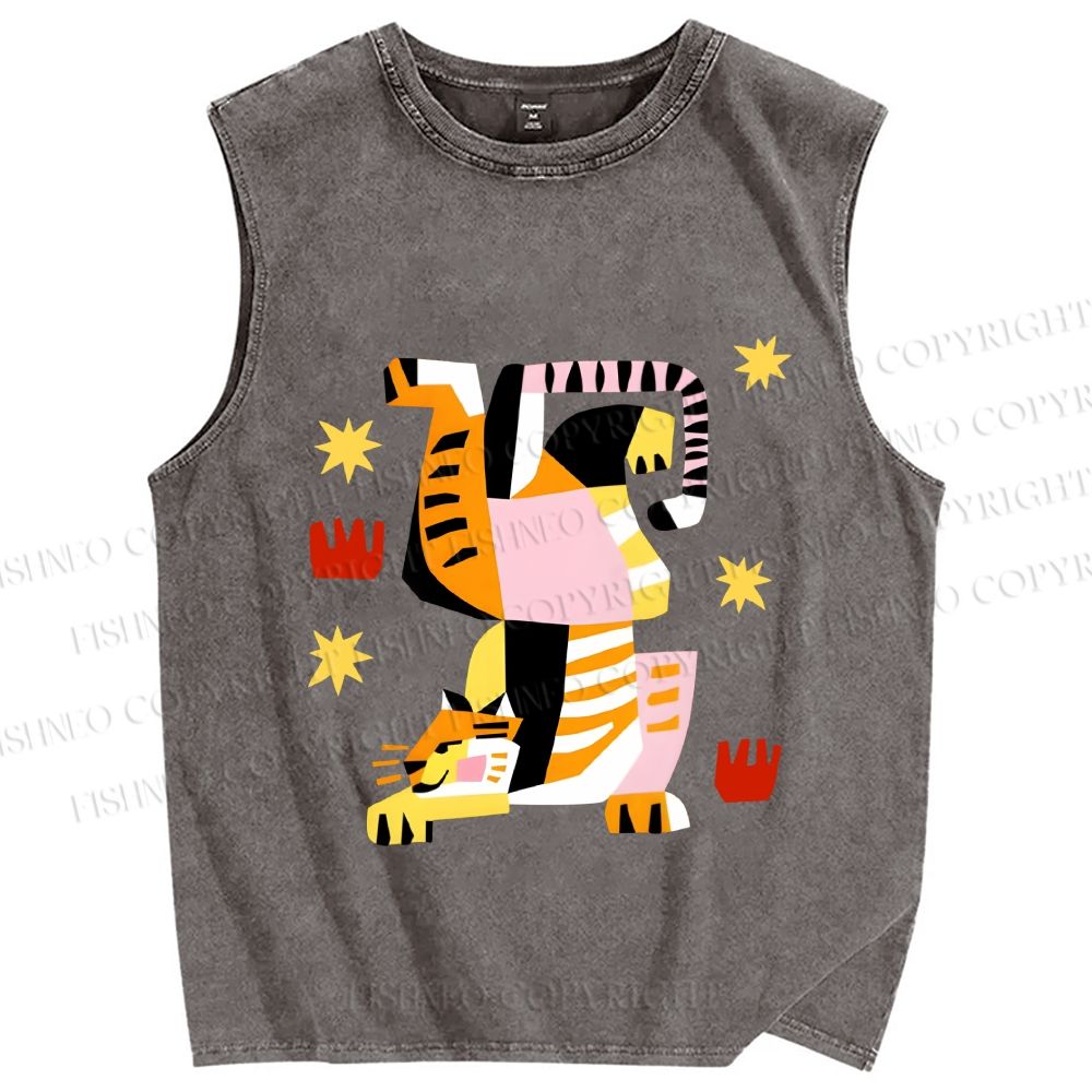 Unisex Geometric Tiger Printed Washed Tank Top