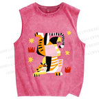 Unisex Geometric Tiger Printed Washed Tank Top