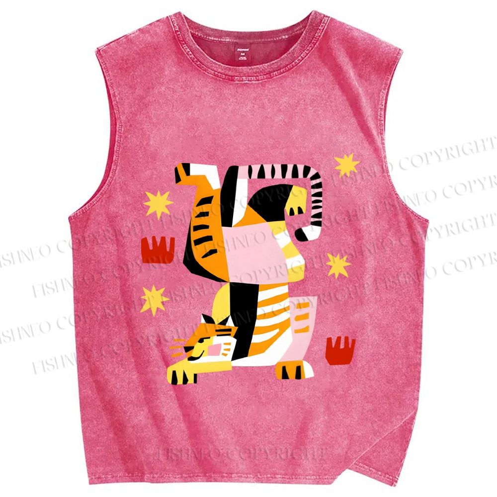 Unisex Geometric Tiger Printed Washed Tank Top