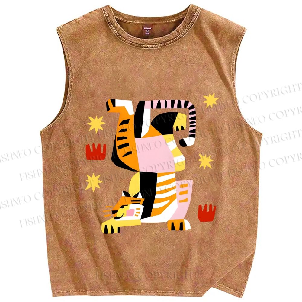 Unisex Geometric Tiger Printed Washed Tank Top