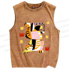 Unisex Geometric Tiger Printed Washed Tank Top