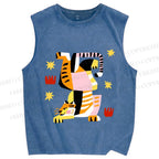 Unisex Geometric Tiger Printed Washed Tank Top