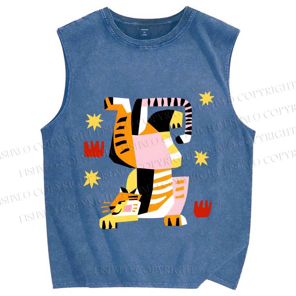 Unisex Geometric Tiger Printed Washed Tank Top