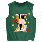 Unisex Geometric Tiger Printed Washed Tank Top