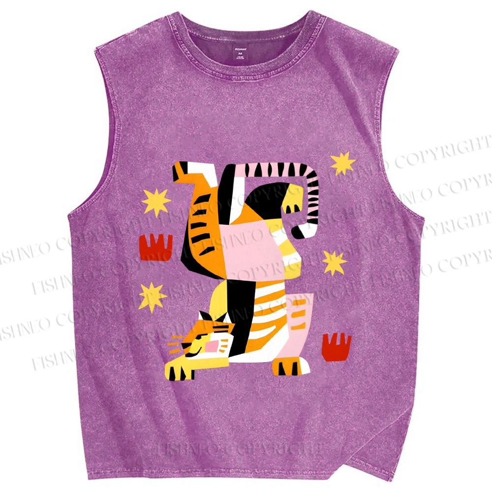 Unisex Geometric Tiger Printed Washed Tank Top