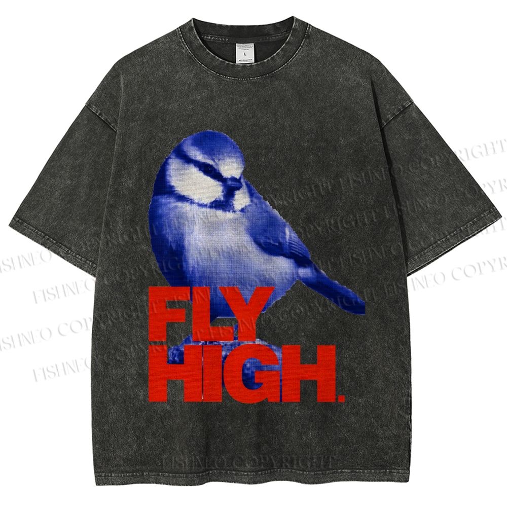 Unisex Blue Bird Fly High Printed Washed Tee