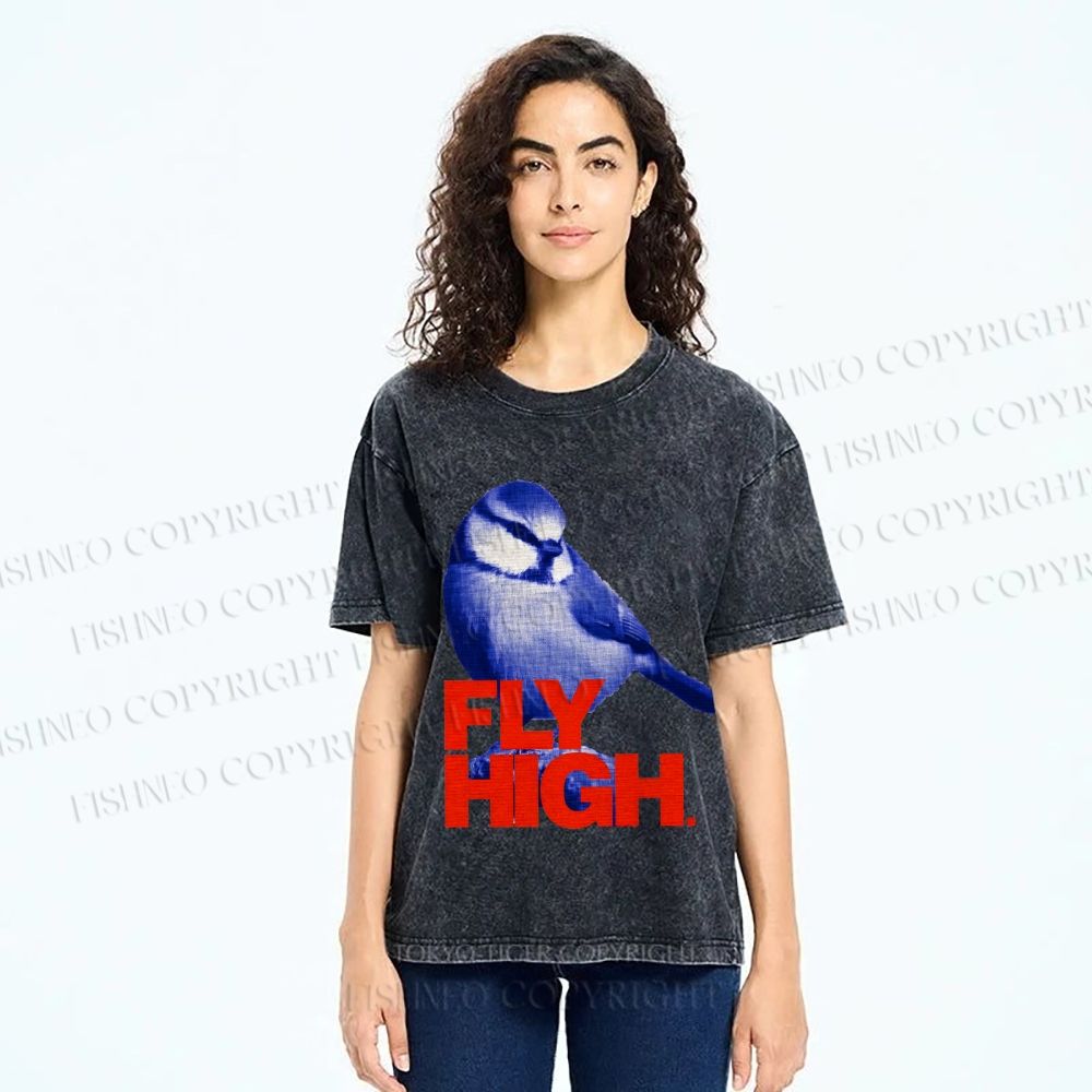Unisex Blue Bird Fly High Printed Washed Tee