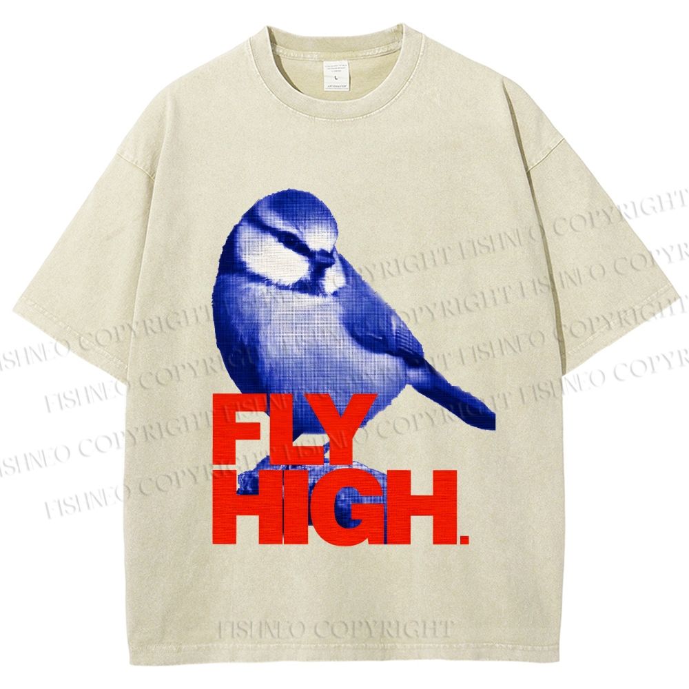 Unisex Blue Bird Fly High Printed Washed Tee
