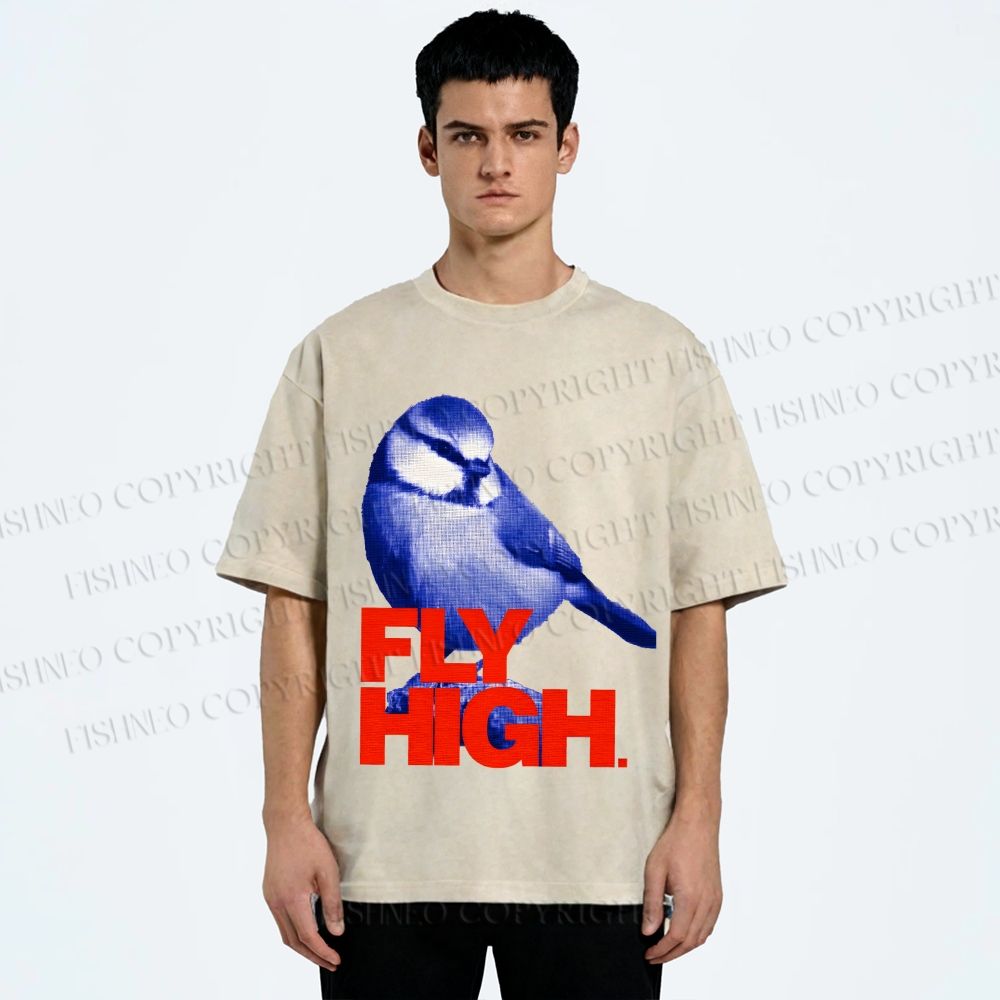 Unisex Blue Bird Fly High Printed Washed Tee