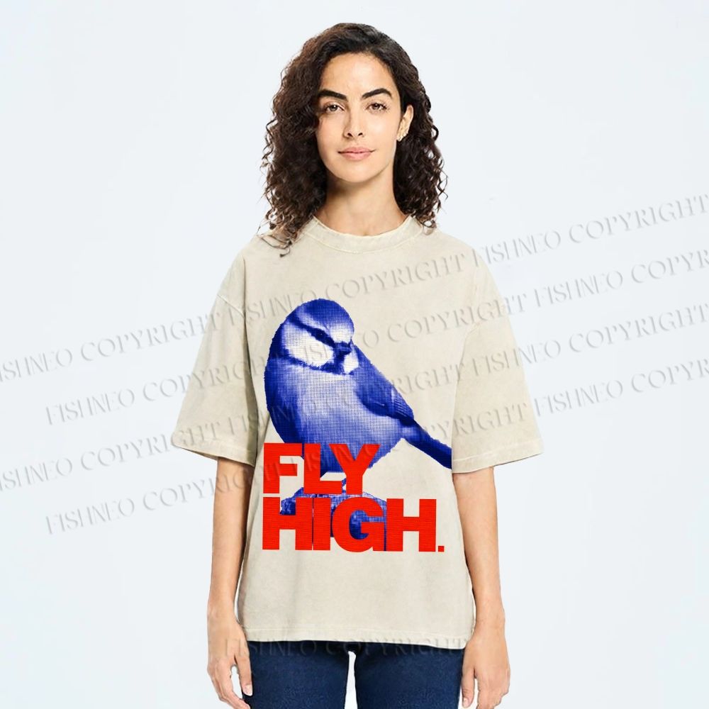 Unisex Blue Bird Fly High Printed Washed Tee
