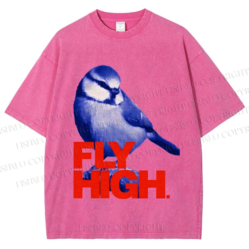 Unisex Blue Bird Fly High Printed Washed Tee