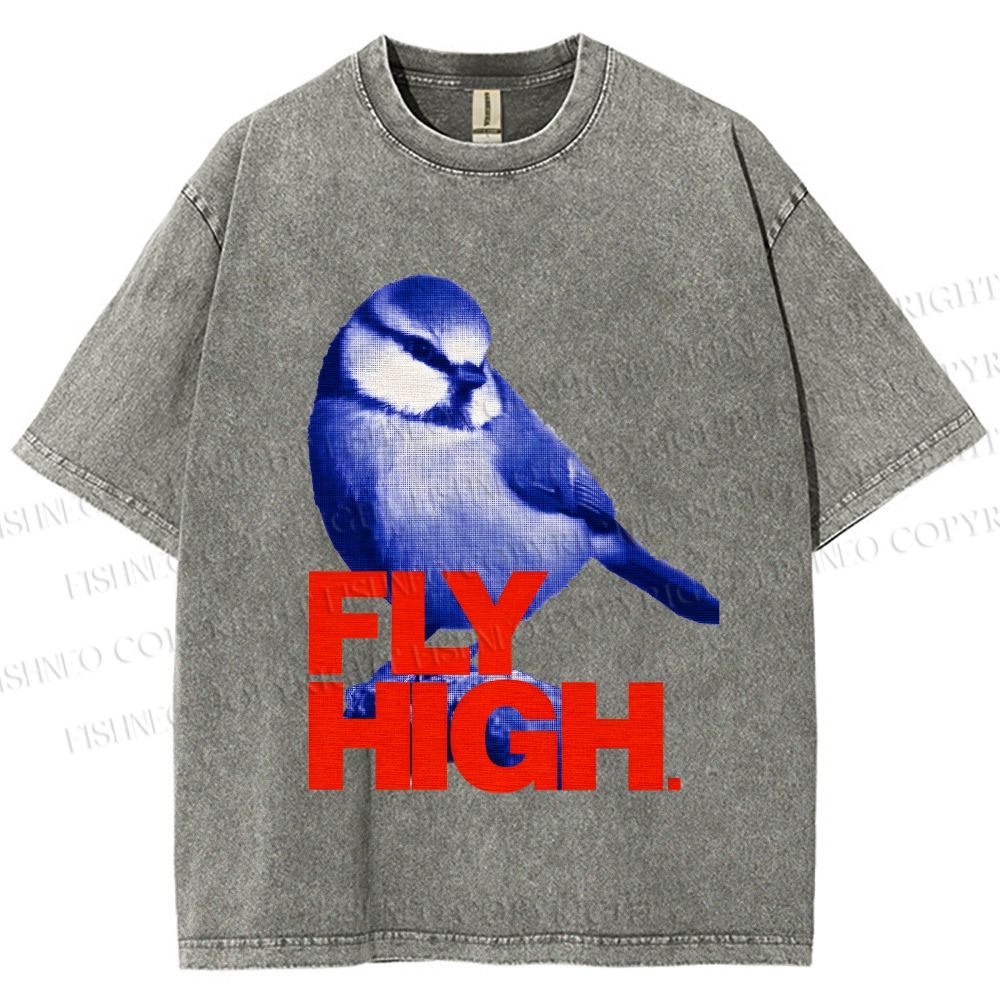Unisex Blue Bird Fly High Printed Washed Tee