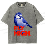 Unisex Blue Bird Fly High Printed Washed Tee