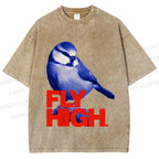 Unisex Blue Bird Fly High Printed Washed Tee