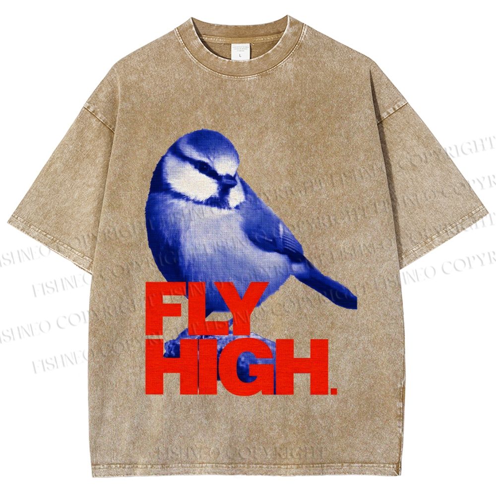 Unisex Blue Bird Fly High Printed Washed Tee