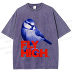 Unisex Blue Bird Fly High Printed Washed Tee