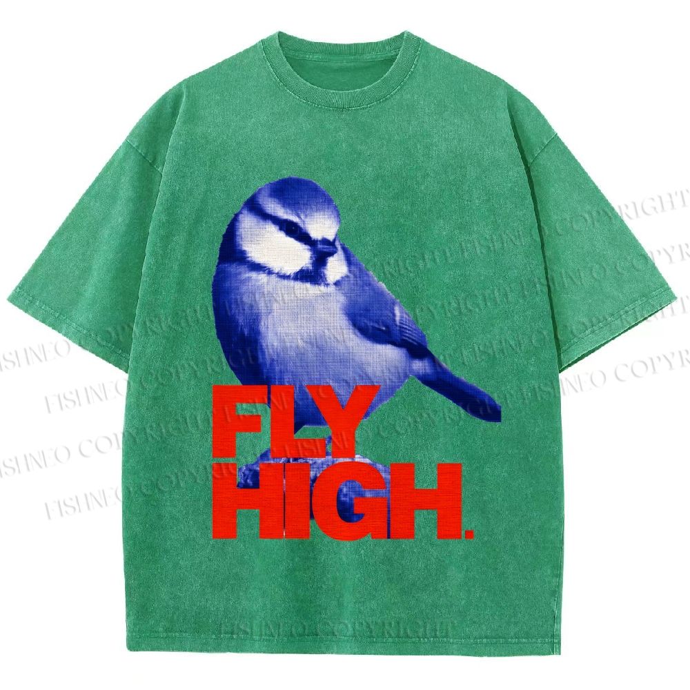 Unisex Blue Bird Fly High Printed Washed Tee
