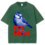 Unisex Blue Bird Fly High Printed Washed Tee