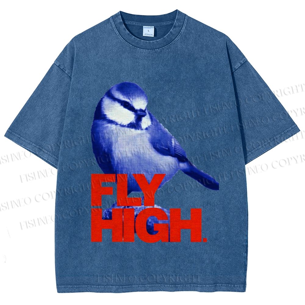 Unisex Blue Bird Fly High Printed Washed Tee