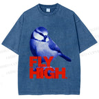 Unisex Blue Bird Fly High Printed Washed Tee