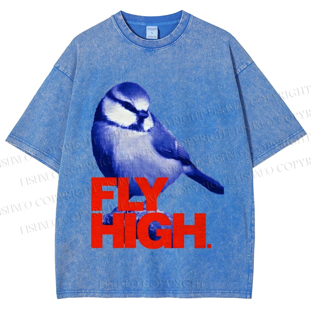 Unisex Blue Bird Fly High Printed Washed Tee