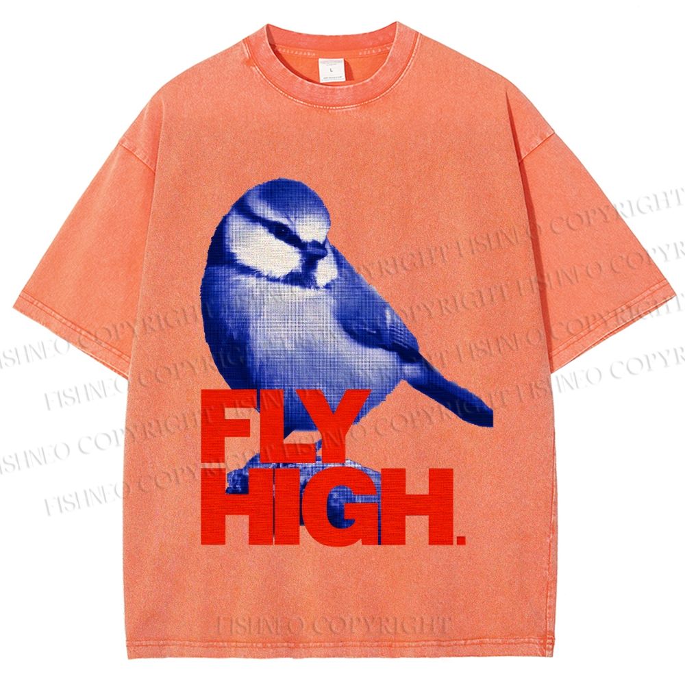 Unisex Blue Bird Fly High Printed Washed Tee
