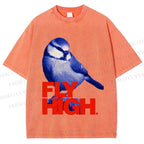 Unisex Blue Bird Fly High Printed Washed Tee