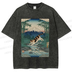 Unisex Vintage Japanese Mount Fuji Cat Printed Washed Tee
