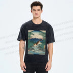 Unisex Vintage Japanese Mount Fuji Cat Printed Washed Tee