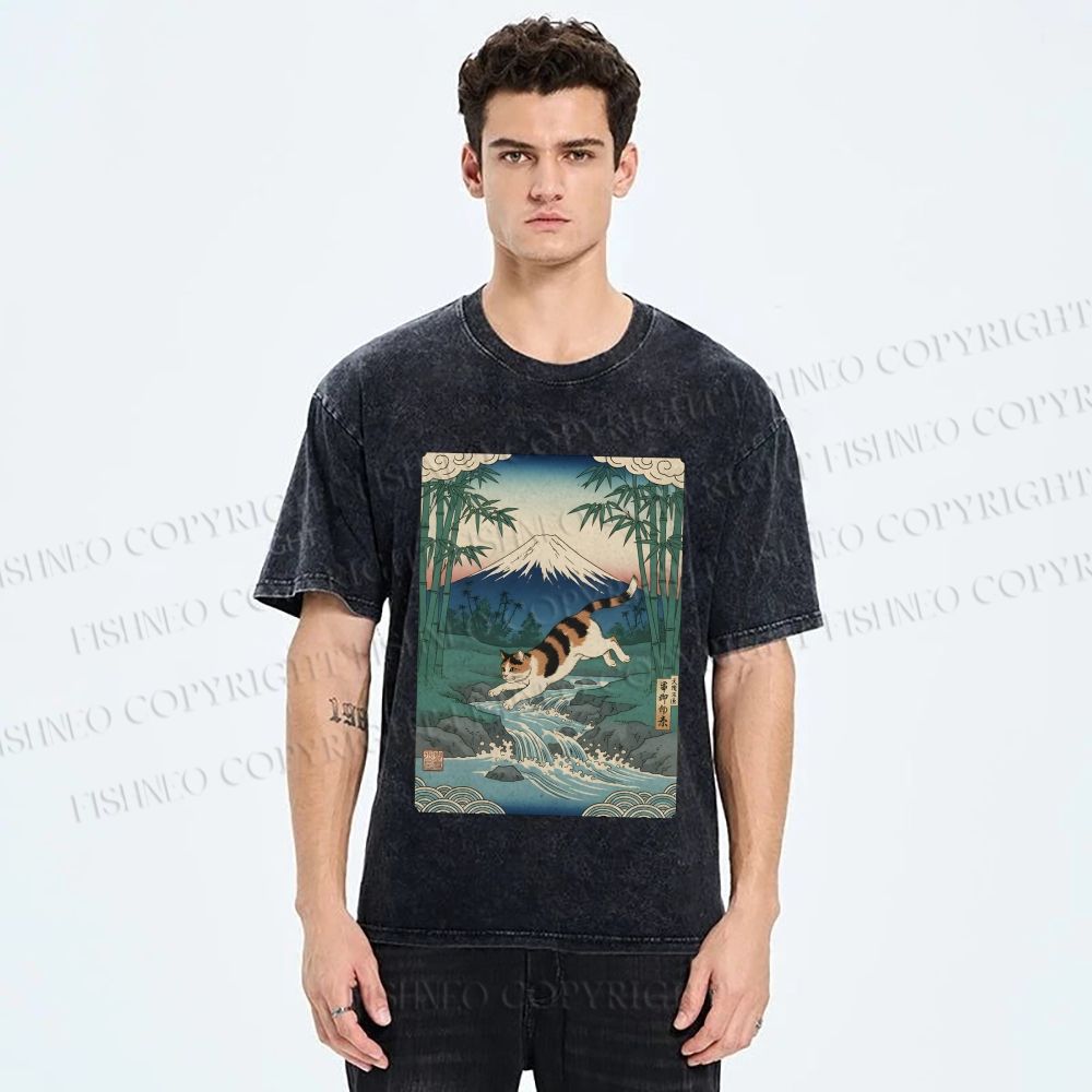 Unisex Vintage Japanese Mount Fuji Cat Printed Washed Tee