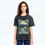 Unisex Vintage Japanese Mount Fuji Cat Printed Washed Tee