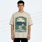 Unisex Vintage Japanese Mount Fuji Cat Printed Washed Tee