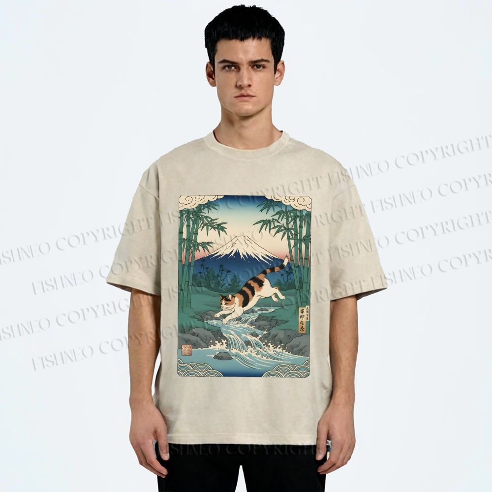 Unisex Vintage Japanese Mount Fuji Cat Printed Washed Tee